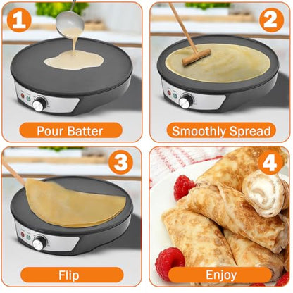 Vivicreate 12 Inch Electric Crepe Maker Nonstick Crepe Pan Griddle with Adjustable Temperature Control LED Indicator Lights Batter Spreader and Wooden Spatula for Pancakes Roti Tortillas Blintzes