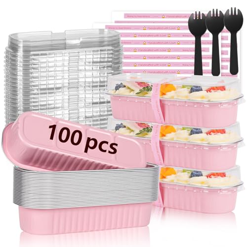 YQER 100 Pack Mini Loaf Pans with Lids and Spoons Sealing Sticker, 6.8oz Mini Cake Pans for Baking, Disposable Aluminum Foil Loaf Pans, Pink Loaf Baking Pans, Small Cake Containers With Lids