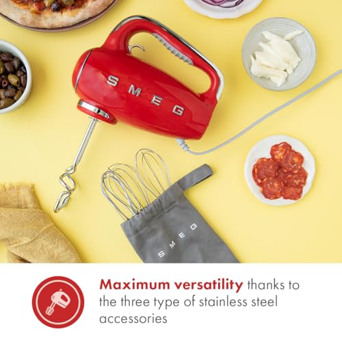 SMEG HMF01 9-Speed Retro Hand Mixer – 220W Motor, Smooth Start, Turbo Function, LED Timer Display, Stainless Steel Whisks, Beaters & Dough Hooks, Premium Die-Cast Aluminum Body