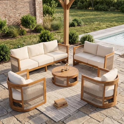 Christopher Knight Home Nylan 7-Seater Patio Furniture Set with Removable Cushion, 5 Piece Outdoor Acacia Wood Conversation Set, Solid Wood Outdoor Sectional Sofa Set with Coffee Table, Teak+Beige
