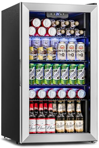 Feelfunn Beverage Refrigerator Cooler - 126 Can Mini Fridge Glass Door for Drinks Soda Beer Wine - Small Refrigerator for Office Bedroom Home Bar, 4 Adjustable Shelves, 3.2 Cu.Ft, Silver