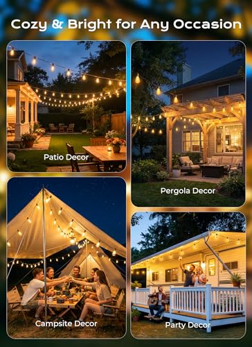 Brightown 52FT Solar String Lights Outdoor Waterproof, Patio Lights with Remote and 15+1 LED Shatterproof Bulbs, Dimmable & Timable, 3 Light Modes, Solar Lights Outdoor for Yard Garden Camping Party
