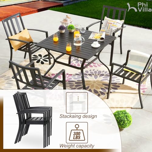 PHI VILLA 5 Piece Outdoor Dining Set with 10ft Umbrella, 37" Square Metal Dining Table & 4 Stacking Metal Chair with 3 Tier Navy Umbrella for Patio, Deck, Yard, Porch