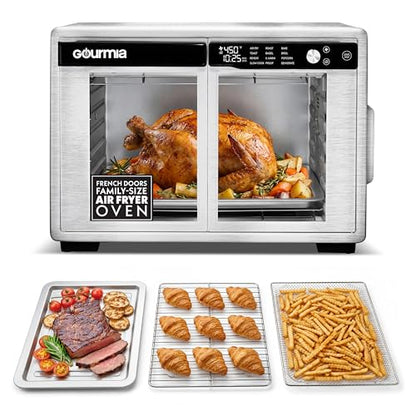 Gourmia French Door Air Fryer Oven - 37 Qt Large Capacity Convection Toaster Oven, FryForce 360°, Digital Display, 12 Cooking Presets, Dehydrate, Fits 13” Pizza, Dishwasher-Safe, Stainless Steel