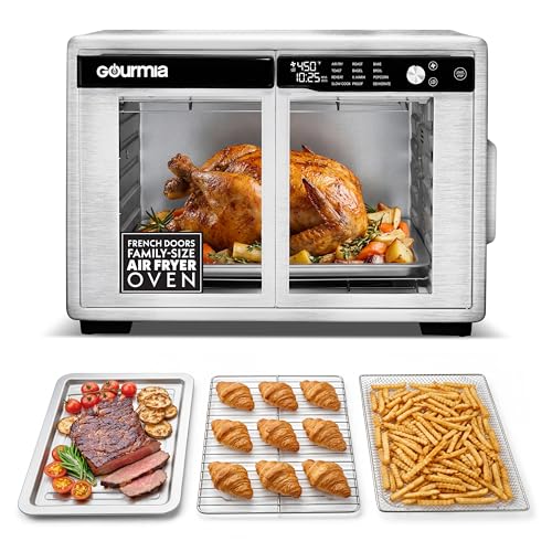Gourmia French Door Air Fryer Oven - 37 Qt Large Capacity Convection Toaster Oven, FryForce 360°, Digital Display, 12 Cooking Presets, Dehydrate, Fits 13” Pizza, Dishwasher-Safe, Stainless Steel