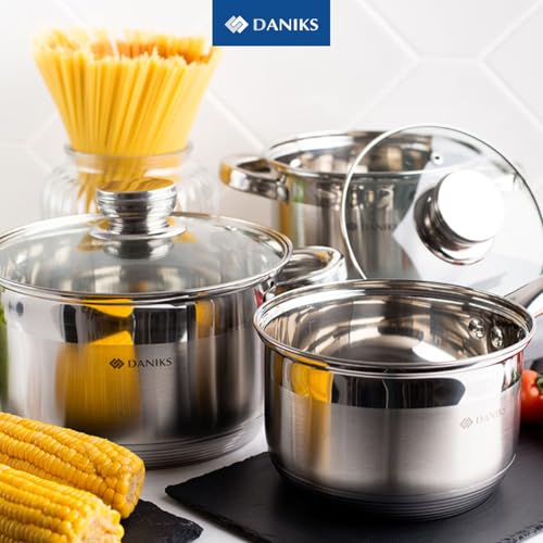 Daniks Standard 10 Quart Stainless Steel Stock Pot with Glass Lid, Tri-Ply Bottom for Even Heating, Induction Compatible, Dishwasher Safe, Built-In Measuring Scale, Silver