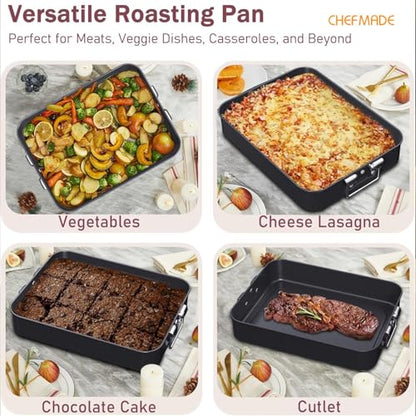 CHEFMADE Roasting Pan, 16-Inch Non-Stick Turkey Roaster Lasagna Pan with Rack - Rectangular Deep Dish Chicken Roaster Pan 16.3" x 12.52" x 3.11"(Black)