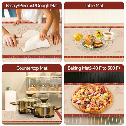 HOTEC Silicone Baking Mat - 26x16 Thickened Pastry Dough Mat with Measurement Non-Stick For Dough Rolling, Bread, Oven Liner, Kitchen Counter, Fondant/Pie Crust
