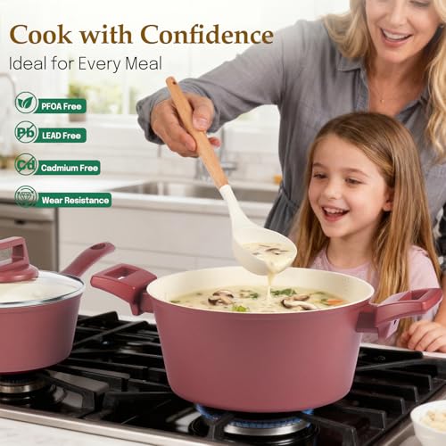 M MELENTA Pots and Pans Set Non Stick, 11-Piece Nonstick Induction Cookware Set, Non-Toxic Kitchen Cooking Set with Frying Pans, Saucepan, Stock Pot, PFOA Free, Red Brown