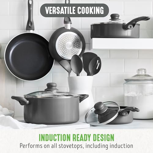 GreenLife Essentials 12 Piece Cookware Set, PFAS-Free Ceramic Nonstick Pots & Pans, Induction Ready for All Cooktops, Kitchen Cooking & Serving Utensils, Dishwasher Safe, Charcoal Gray