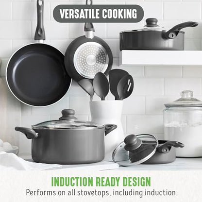 GreenLife Essentials 12 Piece Cookware Set, PFAS-Free Ceramic Nonstick Pots & Pans, Induction Ready for All Cooktops, Kitchen Cooking & Serving Utensils, Dishwasher Safe, Charcoal Gray