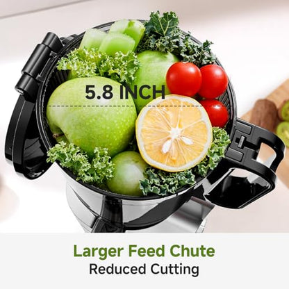 AMZCHEF Cold Press Juicer – 5.8" Wide Mouth Hopper for Whole Recipe Loading, Self Feeding for Hands-Free Operation, Zero Waste Masticating Juicer For More Juice, Less Pulp – Triple Strainers