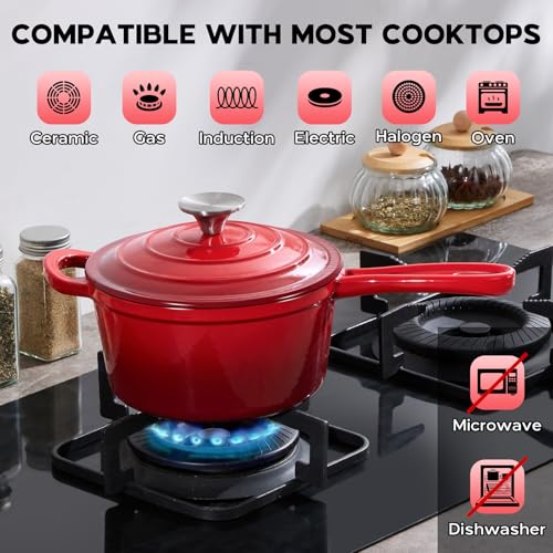 Onader 2QT Saucepan with Lid, Enameled Cast Iron Sauce Pan Pot, Small Dutch Oven Cooking Kitchen Pot, Nonstick & Heavy Duty – Red