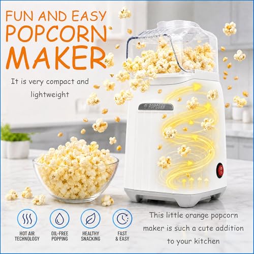 Hot Air Popcorn Maker, 1200W No Oil No Preheat Air Popcorn Popper, 2 Minutes Fast Heating Electric Popcorn Machine with Precision Measuring Cup, Easy to Clean Compact for Home Movie Night Party Office