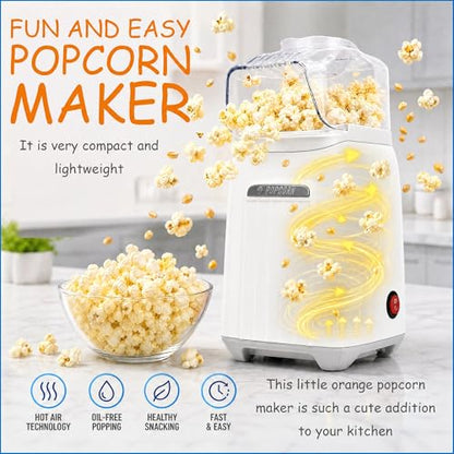 Hot Air Popcorn Maker, 1200W No Oil No Preheat Air Popcorn Popper, 2 Minutes Fast Heating Electric Popcorn Machine with Precision Measuring Cup, Easy to Clean Compact for Home Movie Night Party Office
