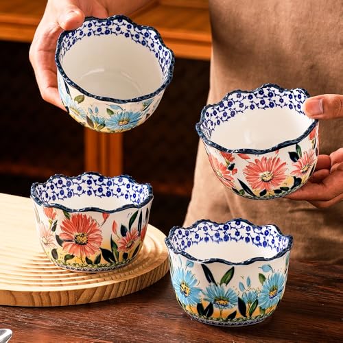 KXZ Ceramic Ramekins Set of 4 – 13.5 oz Oven Safe Small Bowls for Baking and Serving, Porcelain Souffle Cups Dessert Bowls for Creme Brulee, Custard, Dips & Snacks – Hand-Painted Floral Ramekin Set