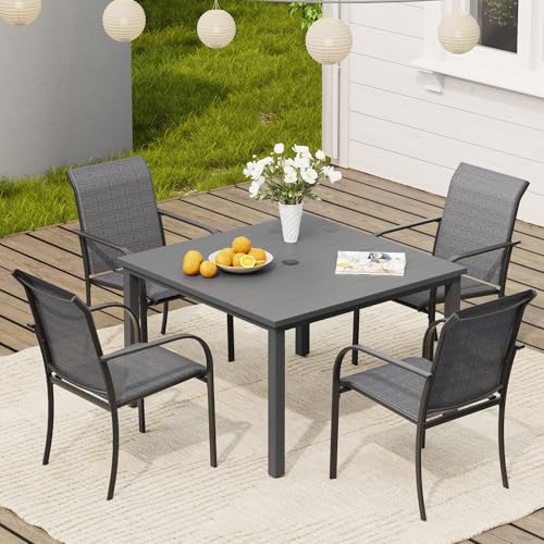 VICLLAX 5 Pieces Patio Dining Set, Patio Furniture Set of 4 Patio Stackable Chairs and Outdoor Metal Square Table with Umbrella Hole for Backyard Lawn Garden, Dark Grey Chairs and Dark Grey Table