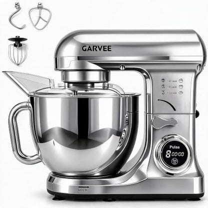 Garvee 5.3 QT Tilt-Head Stand Mixer, 500W Motor, 8-Speed Electric Kitchen Mixer with Stainless Steel Bowl, Dough Hook, Flat Beater & Wire Whisk for Bread Dough, Cake, Cookies & Pizza, Silver