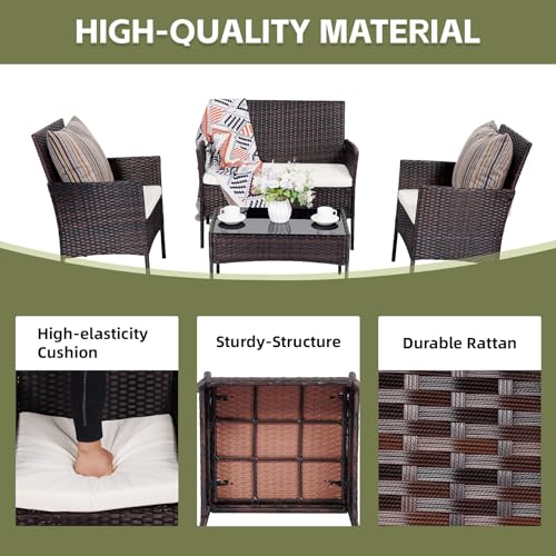 PAIQIAN Patio Furniture Set 4 Pieces, Outdoor Rattan Furniture with Tempered Glass Coffee Table, Modern Rattan Patio Chairs Conversation Sets with Sofa for Garden, Terrace, Porch, Lawns Brown/Beige