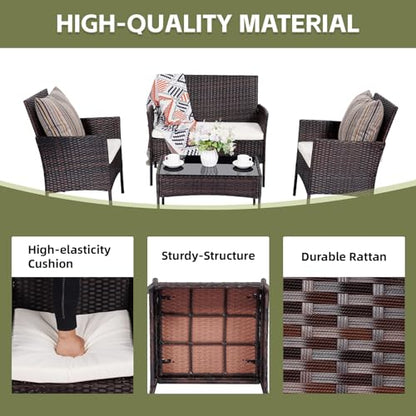 PAIQIAN Patio Furniture Set 4 Pieces, Outdoor Rattan Furniture with Tempered Glass Coffee Table, Modern Rattan Patio Chairs Conversation Sets with Sofa for Garden, Terrace, Porch, Lawns Brown/Beige