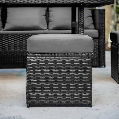 Nestl Outdoor Dining Set - 7 Piece Wicker Patio Set with Outdoor Dining Table, Outdoor Sectional Sofa and 3 Ottomans, Outdoor Patio Furniture Table and Chairs Set (Grey/Grey)