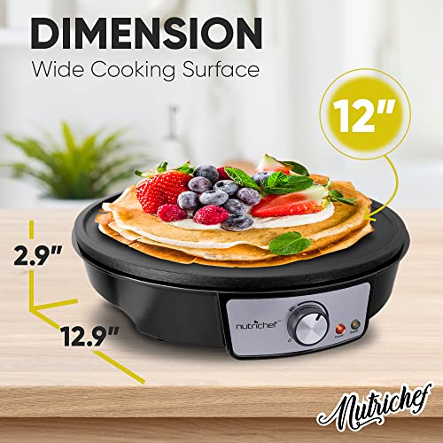 Nutrichef Electric Crepe Maker Pan & Griddle | 12 Inch Nonstick Cooktop | LED Indicators & Adjustable Temperature Control | Includes Spatula, Batter Spreader | Cooks Crepes, Roti & Pancakes