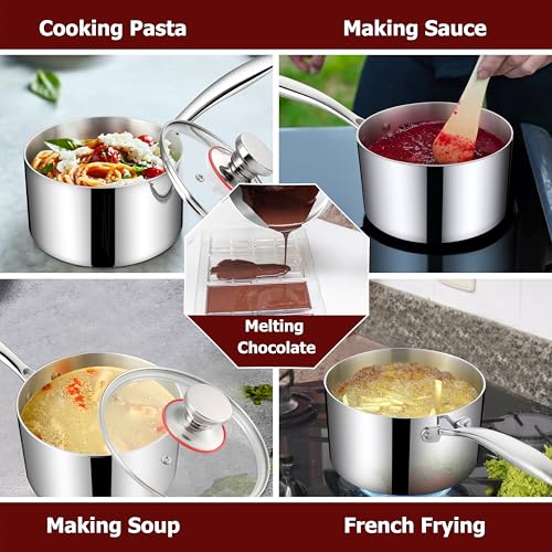 Homikit 2 Quart Saucepan with Lid, 2QT Tri-Ply Stainless Steel Sauce Pan with Ergonomic Handle, Heavy Bottom Small Pot for Kitchen Cooking, Compatible with All Cooktops for Boiling Eggs Warming Milk