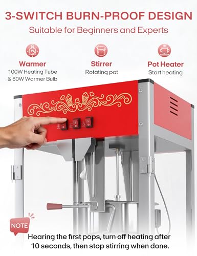 PopBria Commercial Popcorn Machine, Authentic 16oz Kettle Countertop Popcorn Maker with Waming Deck, 1600W Large Popcorn Machine for Restaurant, Concession Stand, Carnival, School, Office, Red