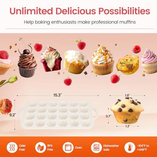 Fimary Silicone Mini Muffin Pan With Metal Reinforced Frame - 24 Cups Durable Silicone Cupcake Pan for Muffin, Cupcakes, BPA Free and Dishwasher Safe - 1 Piece Beige with Rainbow Spots