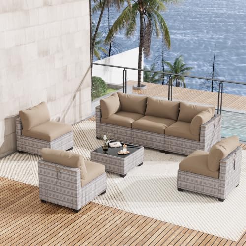 LOUVIXA 7 Piece Outdoor Patio Furniture Set, Outdoor Sectional Sofa, Wicker Rattan Patio Furniture, Patio Conversation Set with Coffee Table & Cushions