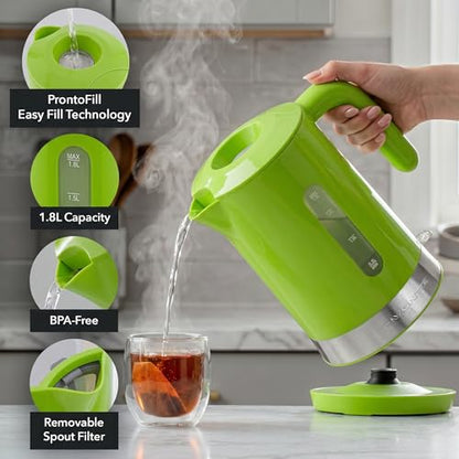 OVENTE 1.8L Electric Kettle, 1500W Fast Boiling Heater for Coffee or Tea, BPA Free, Easy to Fill Lid, Water Level Window, Auto Shut-Off, Boil-Dry Protection and Removable Filter, Green KP413G