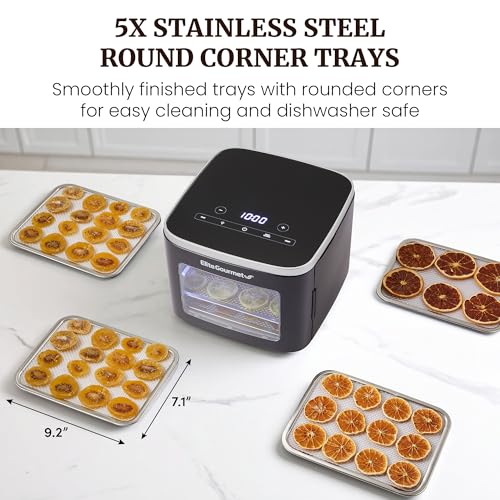 Elite Gourmet 5-Tray Digital Food Dehydrator, Stainless Steel, Keep Warm