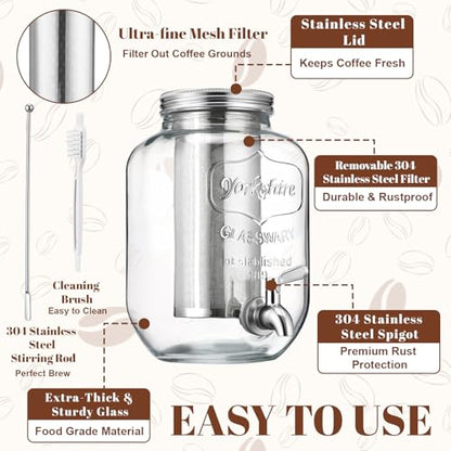 Acellegic 2 Pack 1 Gallon Cold Brew Coffee Maker Iced Coffee Maker with Stainless Steel Filter, Lid & Spigot Heavy Duty Glass Cold Brew Pitcher Drink Dispenser Thick Iced Tea Pitcher for Fridge