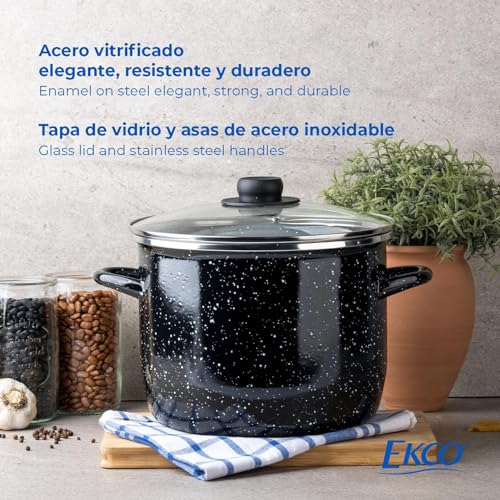 EKCO EOS 8-Quart Speckled Stockpot with Glass Lid (Black) Soup Pot for All Ranges, Dishwasher & Oven Safe up to 350°F - Non-Reactive Enameled Interior Pot for Gumbo, Stew, Boil, Pasta, Chili