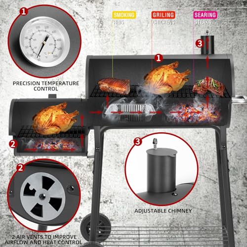 Kendane Barrel Charcoal Grill with offset smoker,550 Square Inches Cooking Area, Outdoor BBQ Grill with Front Shelf, Perfect for Backyard, Patio Parties and Picnics.