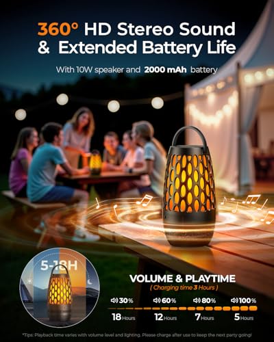 Outdoor Speakers Bluetooth Waterproof IPX6 with Flame Lights, Gadget Gifts for Men/Women, Hd Stereo Sound, BT 5.3 Multi-Sync to 100 Speakers, Portable Wireless Speaker for Patio Cafe Decor Party