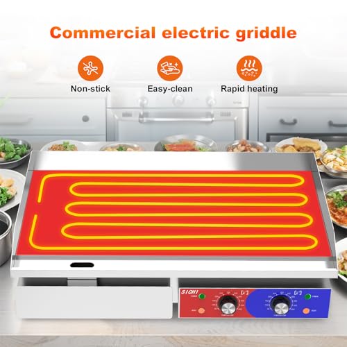 HTTSICHI 29’’ * 16’’ Commercial Electric Countertop Griddle -110V Flat Top Griddles w/ 122-572°F Adjustable Temperature and Non-Stick, 3000W Stainless Steel Electric Griddle w/ 10mm Thick Cast Iron