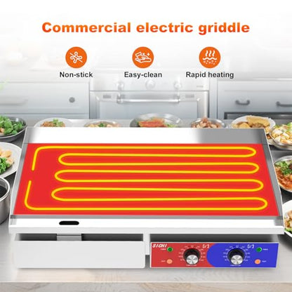 HTTSICHI 29’’ * 16’’ Commercial Electric Countertop Griddle -110V Flat Top Griddles w/ 122-572°F Adjustable Temperature and Non-Stick, 3000W Stainless Steel Electric Griddle w/ 10mm Thick Cast Iron