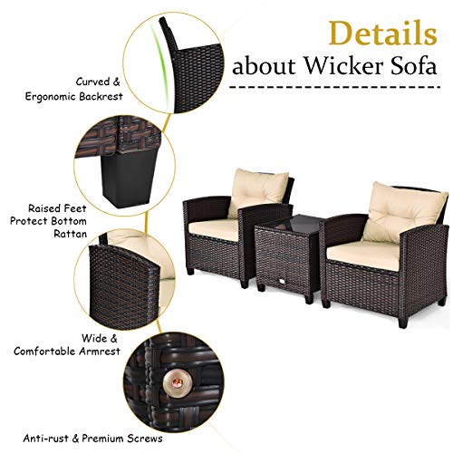 Tangkula 3 Pieces Patio Furniture Set, PE Rattan Wicker 3 Pcs Outdoor Sofa Set w/Washable Cushion and Tempered Glass Tabletop, Conversation Furniture for Garden Poolside Balcony (Beige)