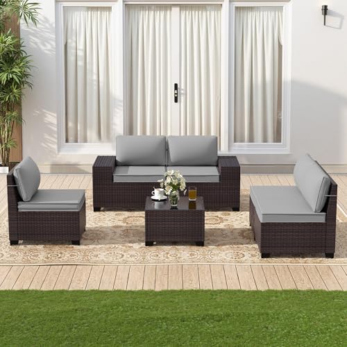 Gotland 6 Pieces Patio Furniture Set with 1 Coffee Table, 5 Seater Rattan Outdoor Sectional with Wide Armrests 29.5'' High Backrest Thick Waterproof Cushions, Conversation Sets for Deck Garden Gray