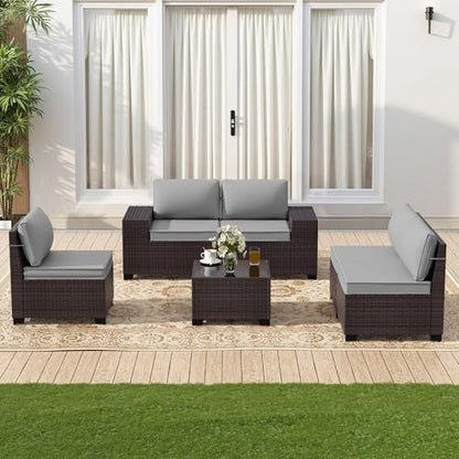 Gotland 6 Pieces Patio Furniture Set with 1 Coffee Table, 5 Seater Rattan Outdoor Sectional with Wide Armrests 29.5'' High Backrest Thick Waterproof Cushions, Conversation Sets for Deck Garden Gray