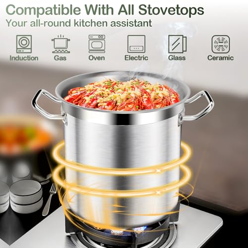 Stockpots-40QT Large Stock Pot Stainless Steel Stockpot with Lid, Heavy Duty Tri-Ply Bottom Commercial Grade Stock Pot for Boiling Cooking Soup Stew Canning Cooking Pots,Big Stockpot, Deep Cookware