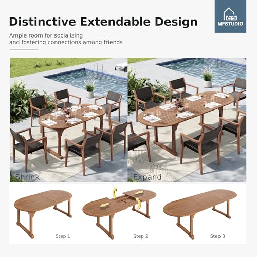 MFSTUDIO Teak Outdoor Dining Set for 8, Outdoor Wood Table and Chairs, 9 Pieces Outdoor Dining Table Set with Rattan Chairs, Wood Patio Dining Furniture Expandable Table for 8
