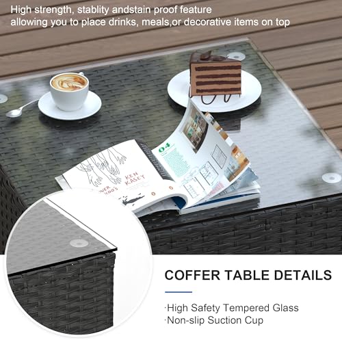 Patio Furniture Set, 5PCS Outdoor Sectional with Ottoman Wicker Rattan Patio Couch with Thickened Cushion Modular Wicker Patio Conversation Set with Glass Top Table for Balcony, Backyard (White)