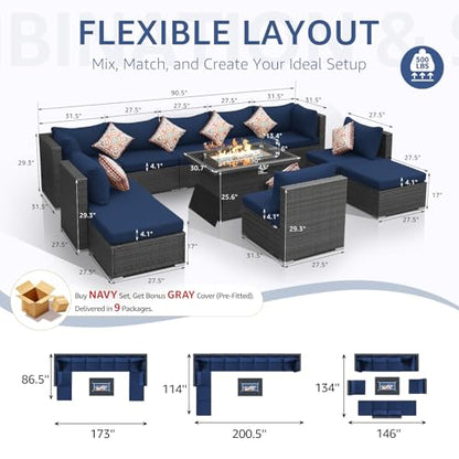 NICESOUL 11 Piece Outdoor Furniture Set with Firepit Table, Luxury 10-Person Patio Sectional Sets, 29.3'' High-Back Backyard Seating Area, All-Weather Rattan Couch Set for Outside, Deck, Grey&Blue