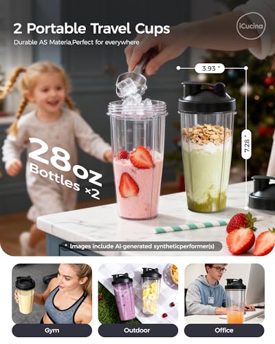 iCucina Smoothie Blender, Personal Blender for Shakes and Smoothies, 700W Pulse Technology Single Serve Blenders with 2 x 28oz Protable Cups for Ice Crush, Frozen Fruit Drinks