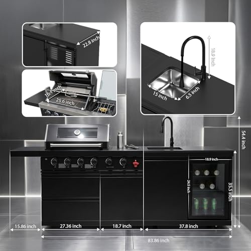 84 Inch Outdoor Kitchen Island, 6 Burner 75300 BTU Stainless Steel Propane Gas Grill Island with Sink and Refrigerator, SS304 Modular BBQ Barbecue Island with Granite Countertop and Rotisserie Kit