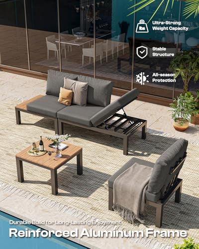 Oasbira Aluminum Modular Outdoor Patio Furniture Set, 8 Seats Sectional Sofa Set with Adjustable Backrest & Thick Cushions, All-Weather L-Shaped Corner Set with Table for Garden & Yard, Graphite