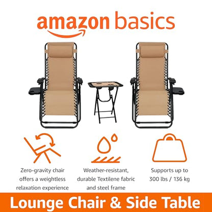 Amazon Basics Outdoor Textilene Adjustable Zero Gravity Folding Reclining Lounge Chair Set with Cup Holder, Side Table, Headrest, Weather-Resistant, 35 x 26 x 43 inches, Beige, 2-Pack