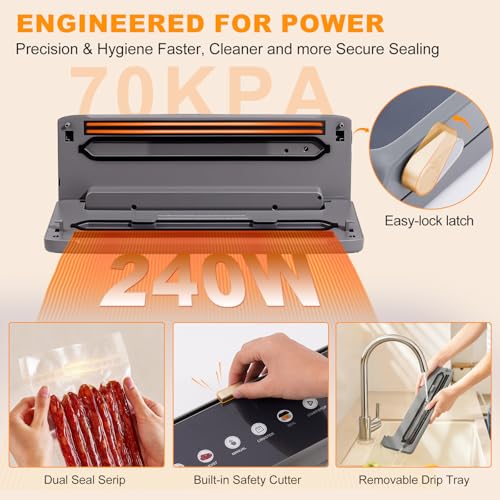 Mieja Food Vacuum Sealer Machine, 5-in-1 Dry & Moist Modes Automatic One-Touch Sealer with Built-in Cutter, External Hose for Jars, 20 BPA-Free Bags, Compact for Sous Vide, Meal Prep & Freezer Storage